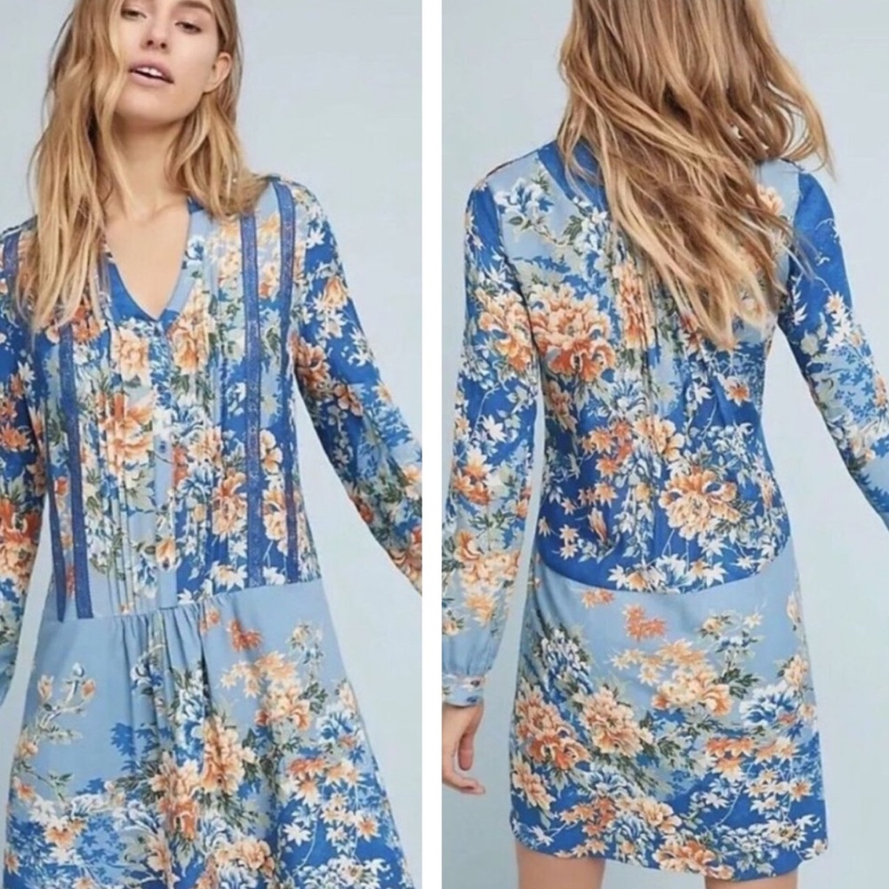 Anthropologie • TINY Gaina Bright Blue Floral Print Long Sleeve Dress